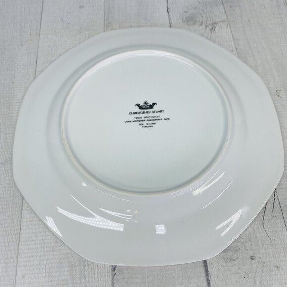 Christopher Stuart SOUTHWEST Green Blue Coral Rim White China Dinner Plate Set 4 - Picture 5 of 16